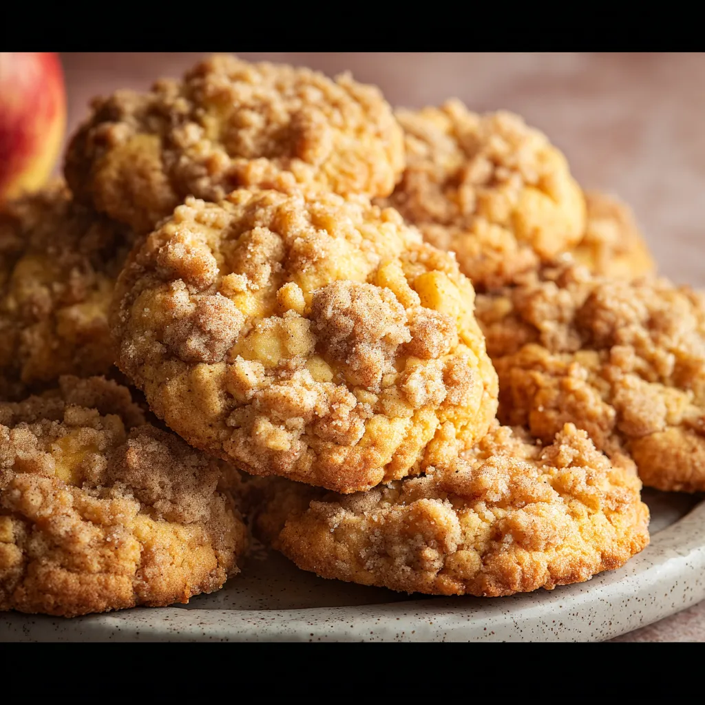 Close-up image of delicious apple crumb cookies showcasing their crumbly topping and soft baked apple filling, perfect for a fall treat.