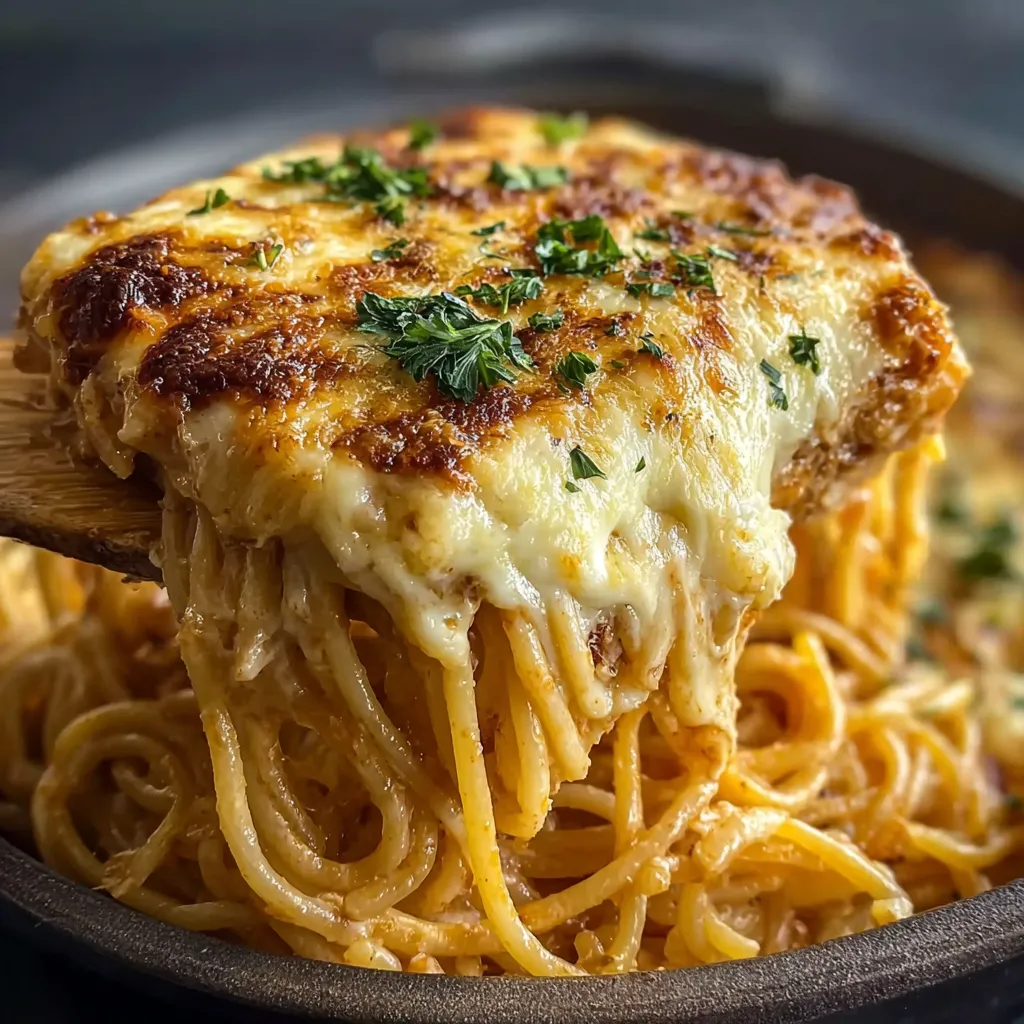 Creamy Baked Cream Cheese Spaghetti Casserole second content image showcasing the cheesy, baked texture and creamy sauce.