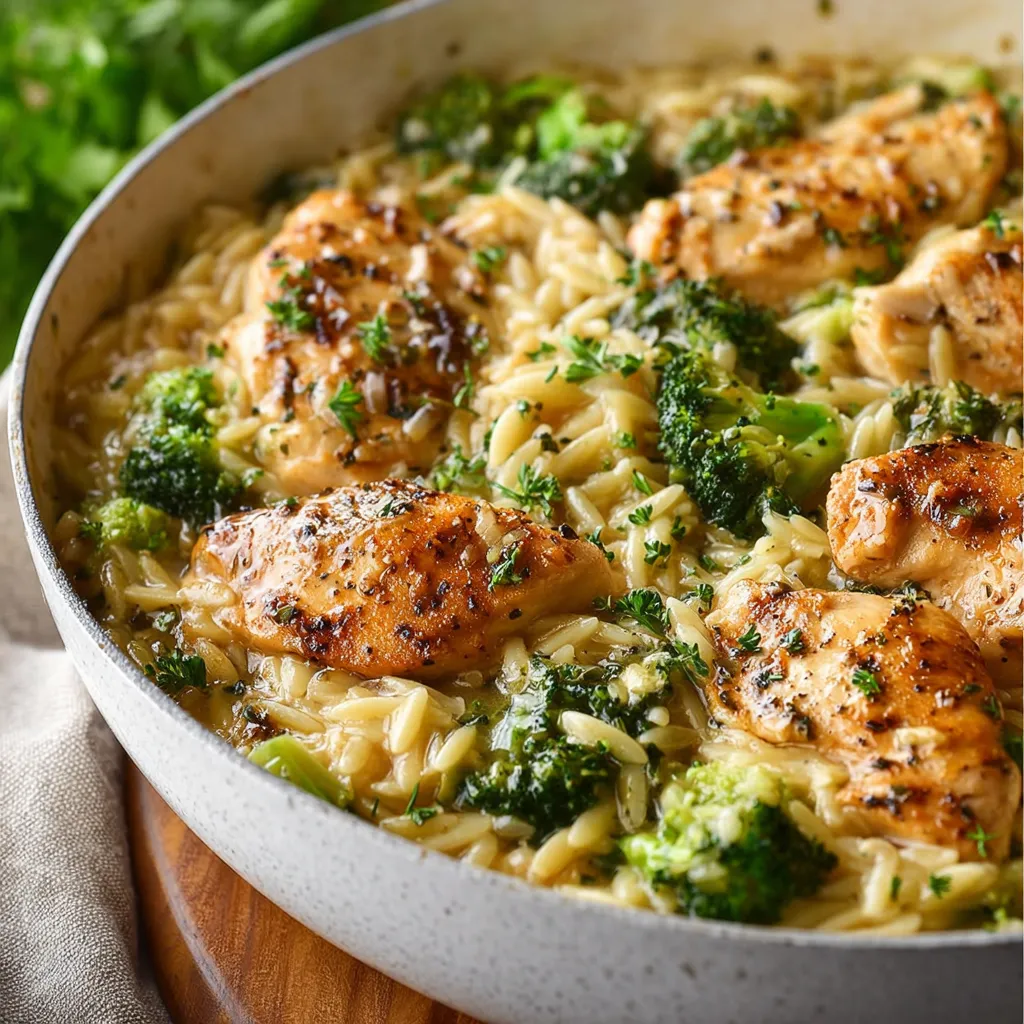 Flavorful chicken and broccoli orzo dish served as a quick weeknight dinner, showcasing the finished meal's appealing texture and color.