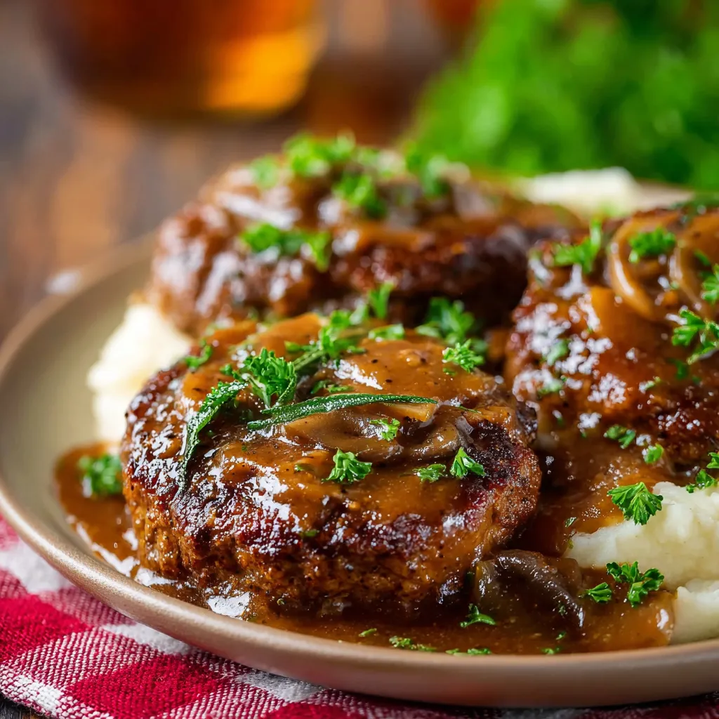 See a close-up view of the finished easy cooker Salisbury steak recipe, showcasing its rich gravy and tender, browned patties.