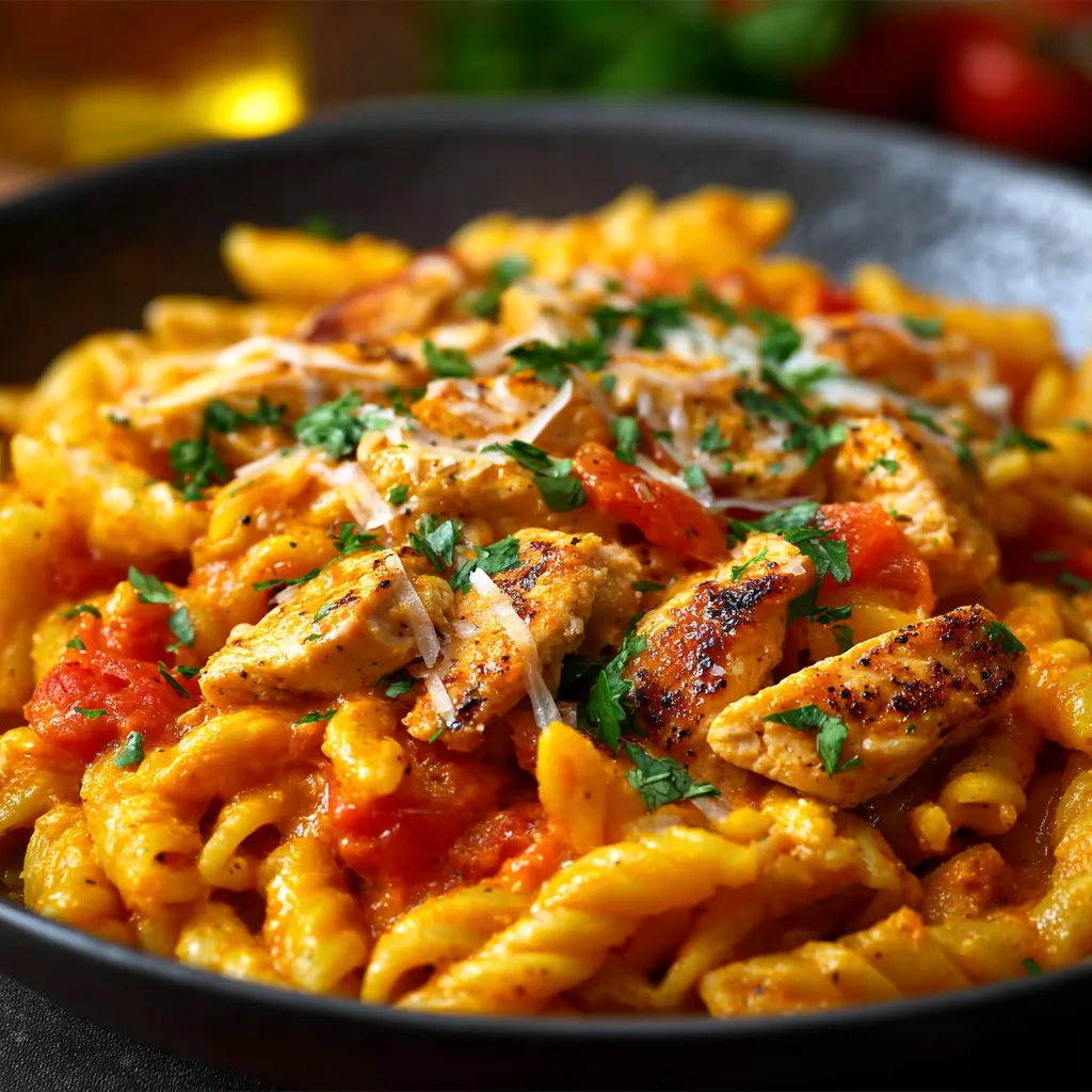 Easy tomato and chicken pasta delight second content image showcases the vibrant colors and textures of the finished dish, highlighting the juicy tomatoes, tender chicken, and perfectly cooked pasta.