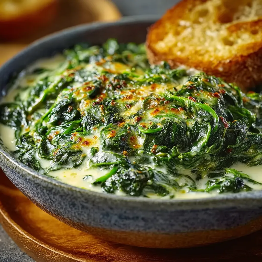 Easy cheesy creamed spinach is pictured in a white bowl, showcasing the dish's creamy texture and melted cheese topping.