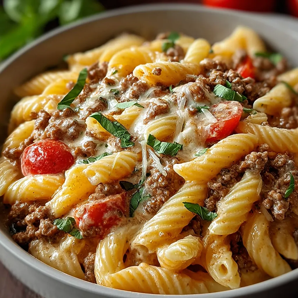 Creamy Rotel pasta with ground beef, a simple and delicious dinner recipe, is shown in a close-up shot.