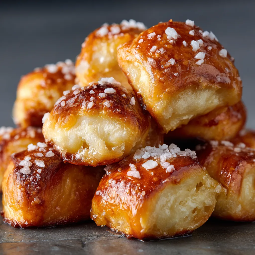 Close-up showing a batch of golden brown, freshly baked soft pretzel bites ready to be enjoyed, highlighting their soft texture and easy preparation for a homemade snack.