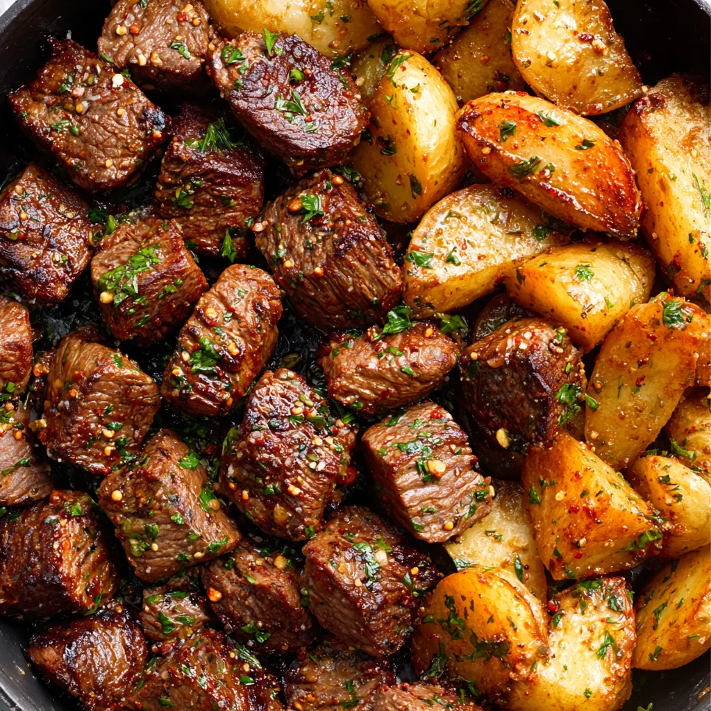 Garlic butter steak bites and potatoes are shown in this close-up image, illustrating the OMG-good recipe.