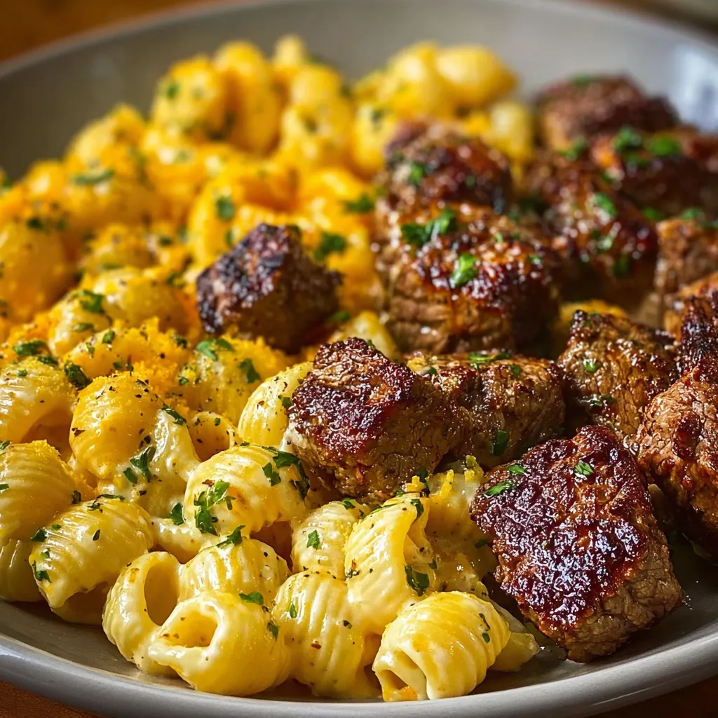 Garlic Butter Steak Bites and Loaded Cheddar Shells are shown in this delectable close-up image.