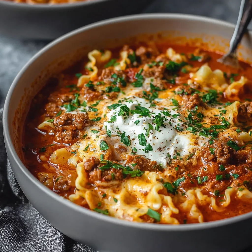 Easy Lasagna Soup Recipe Easy Lasagna Soup is pictured as a hearty and comforting dish, showcasing its rich layers and inviting presentation.