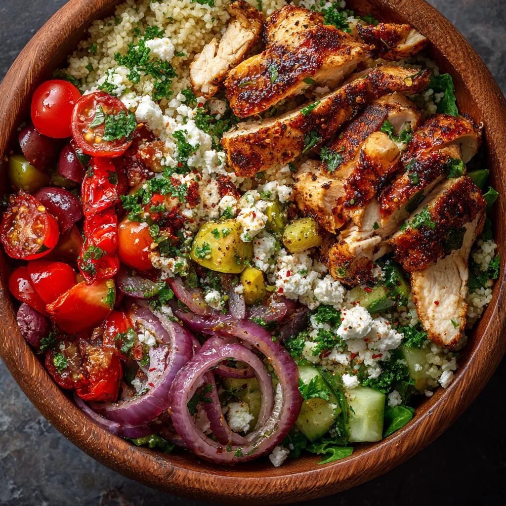 Easy Mediterranean chicken bowls, a delicious and quick dinner idea, are shown in this image.