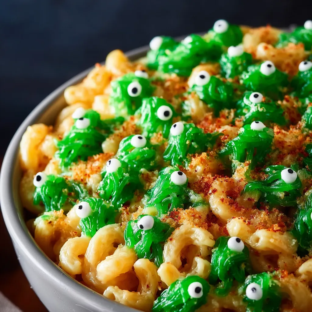 A close-up shot showcases the creamy, cheesy texture of the Monster Mac and Cheese, further emphasizing its status as the ultimate comfort food.