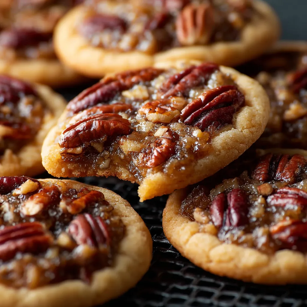 Close-up view of delicious and easy pecan pie cookies showcasing their flaky crust and gooey pecan filling, perfect for bite-sized bliss.