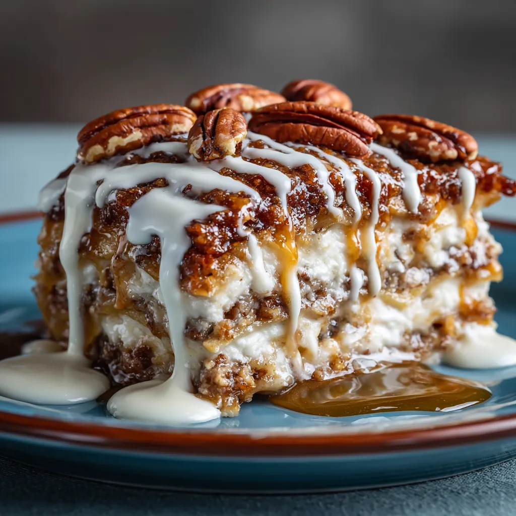 Pecan Pie Lasagna: Dreamy Dessert Layers A slice of Pecan Pie Lasagna Dessert Dream showcases its layered construction with pecans, creamy filling, and pie crust.