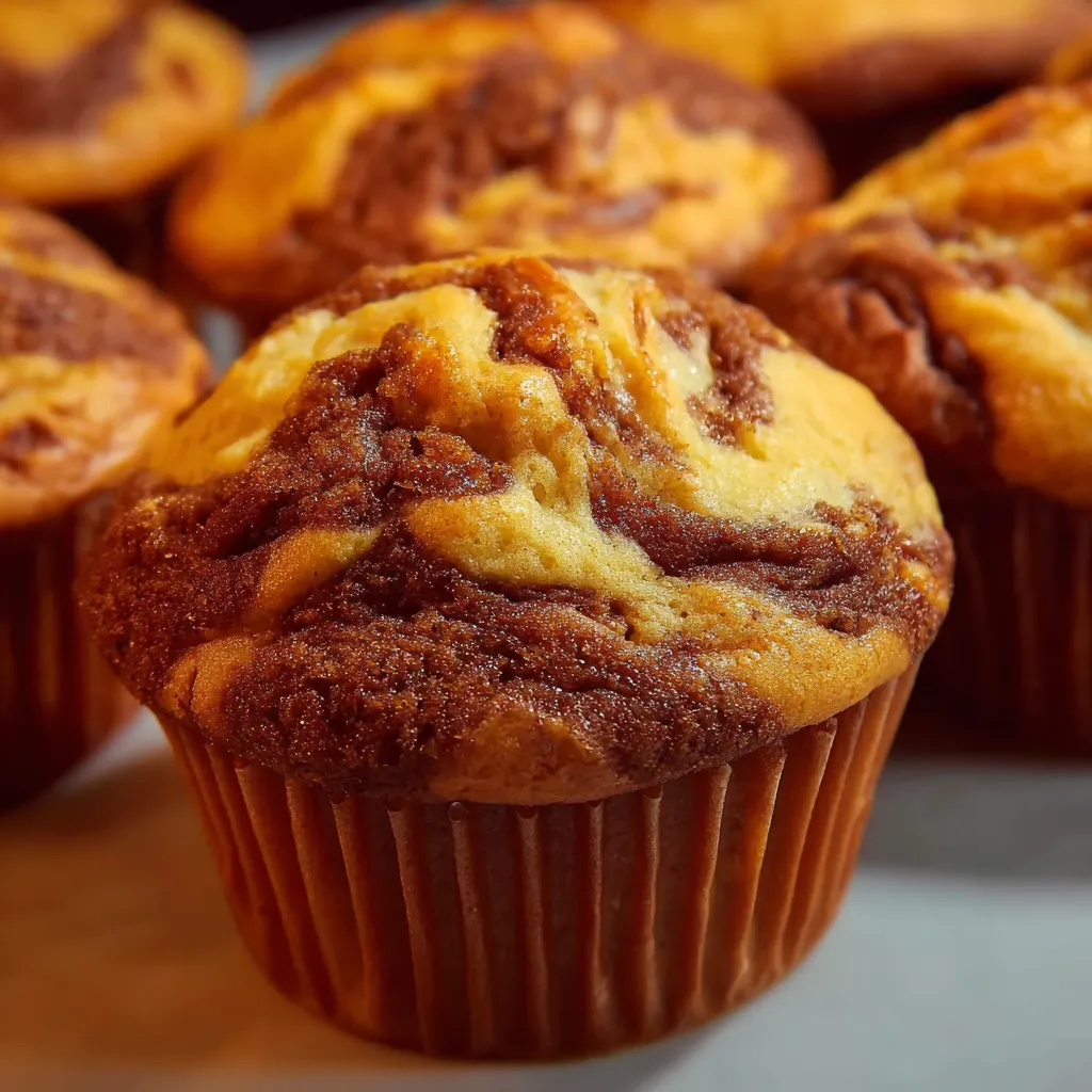 Close-up of a freshly baked, golden-brown pumpkin swirl muffin showcasing its moist texture and delicious pumpkin spice swirl.