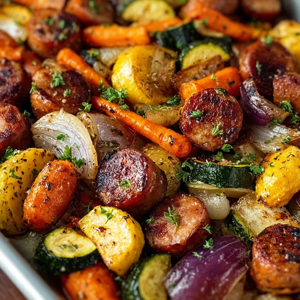 Sheet pan sausage and veggies dinner is a quick and easy family meal solution.