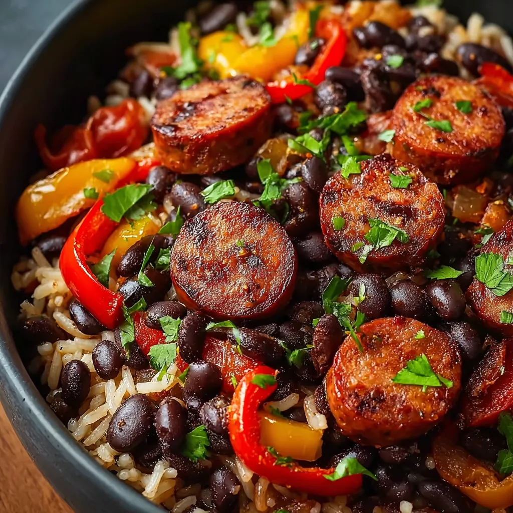 Spicy black beans and rice with sausage are shown in a close-up second content image.