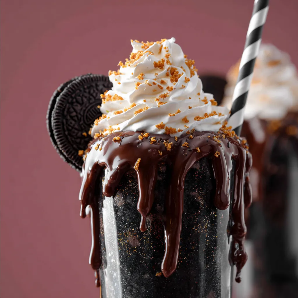 A close-up view of a dark, creamy black milkshake in a glass, garnished with whipped cream and chocolate shavings, illustrating a spooky and delicious Black Milkshake Recipe.