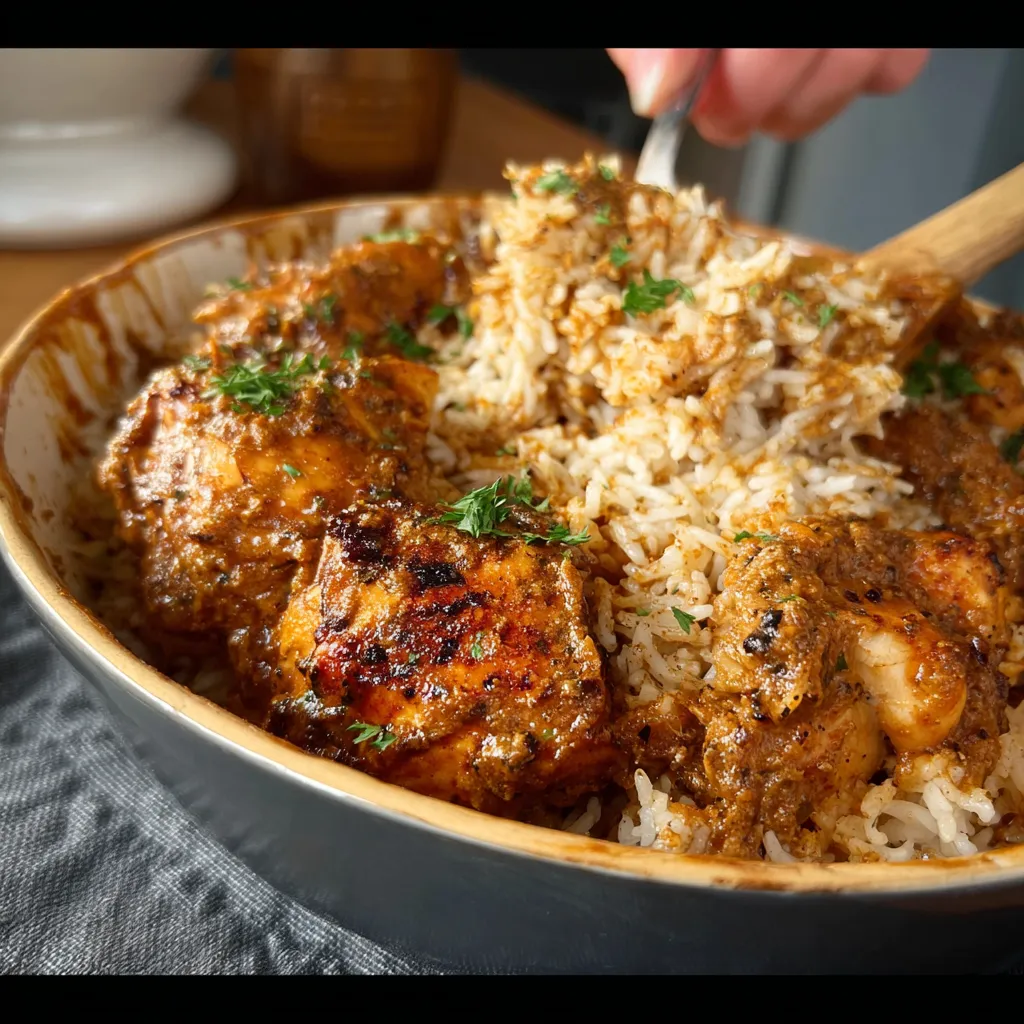 Easy stick of butter chicken rice recipe content image showcasing the dish's appealing texture and ingredients.