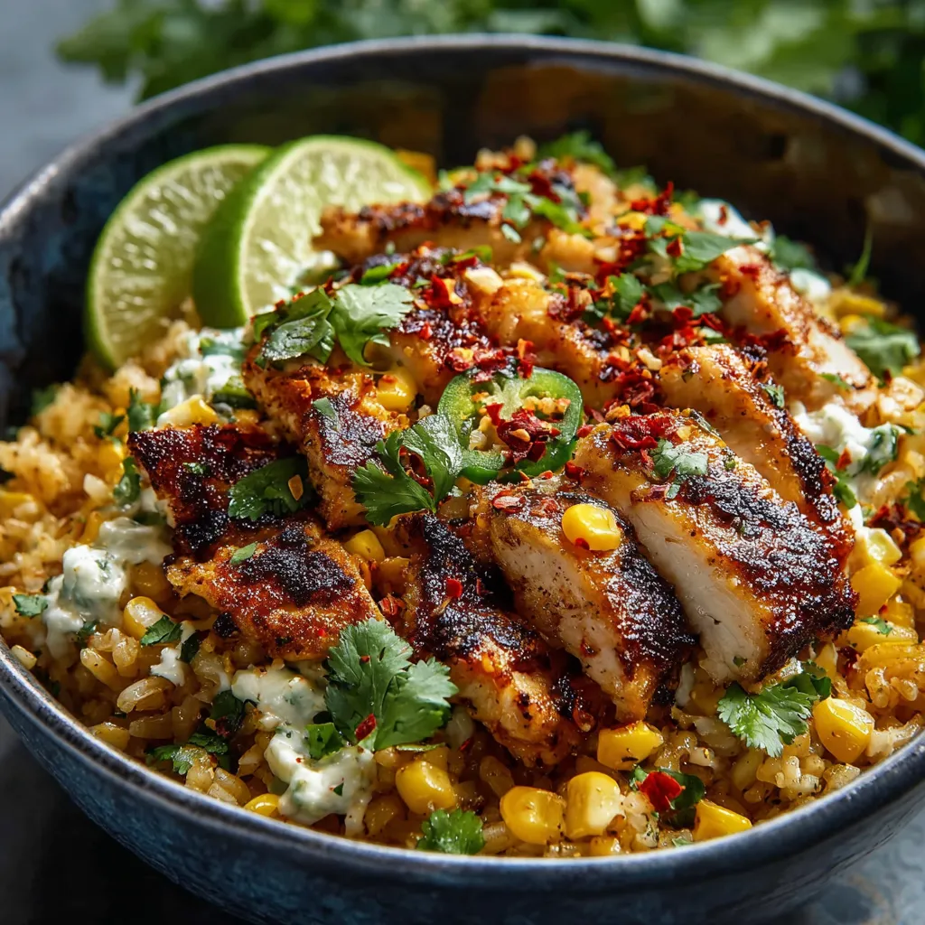Street corn chicken rice bowl recipe features a close-up of the finished bowl, highlighting the grilled corn, seasoned chicken, fluffy rice, and creamy sauce, showcasing this quick and flavorful dinner option.