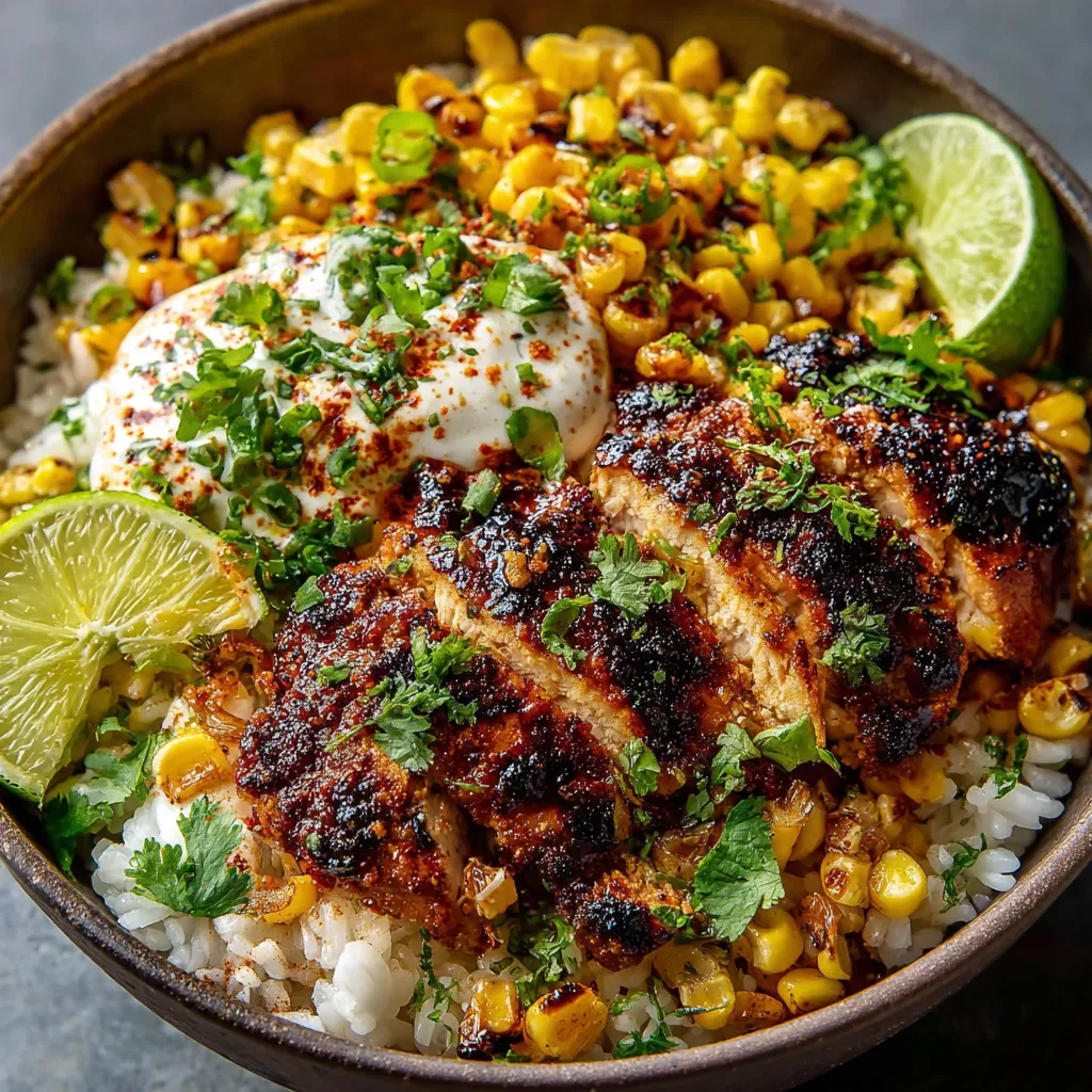 Easy Street Corn Chicken Rice Bowl provides a quick and flavorful dinner as shown in this close-up image of the finished dish.