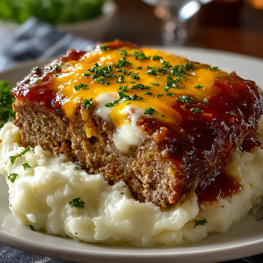 Cheesy Meatloaf & Mashed Potatoes Recipe A comforting plate of cheesy meatloaf with creamy mashed potatoes is pictured, perfect for a cozy meal.