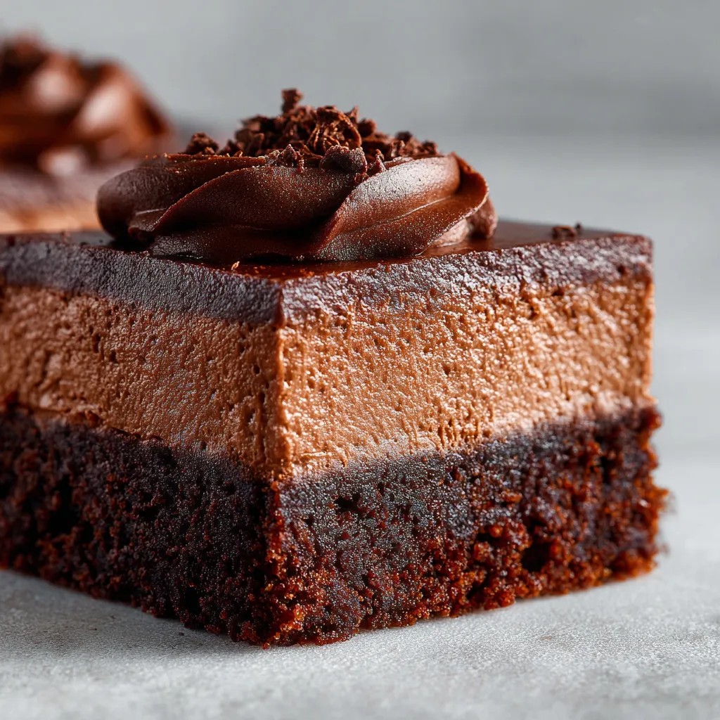 Close-up of fudgy chocolate mousse brownies showcasing their rich, decadent texture and tempting appearance.