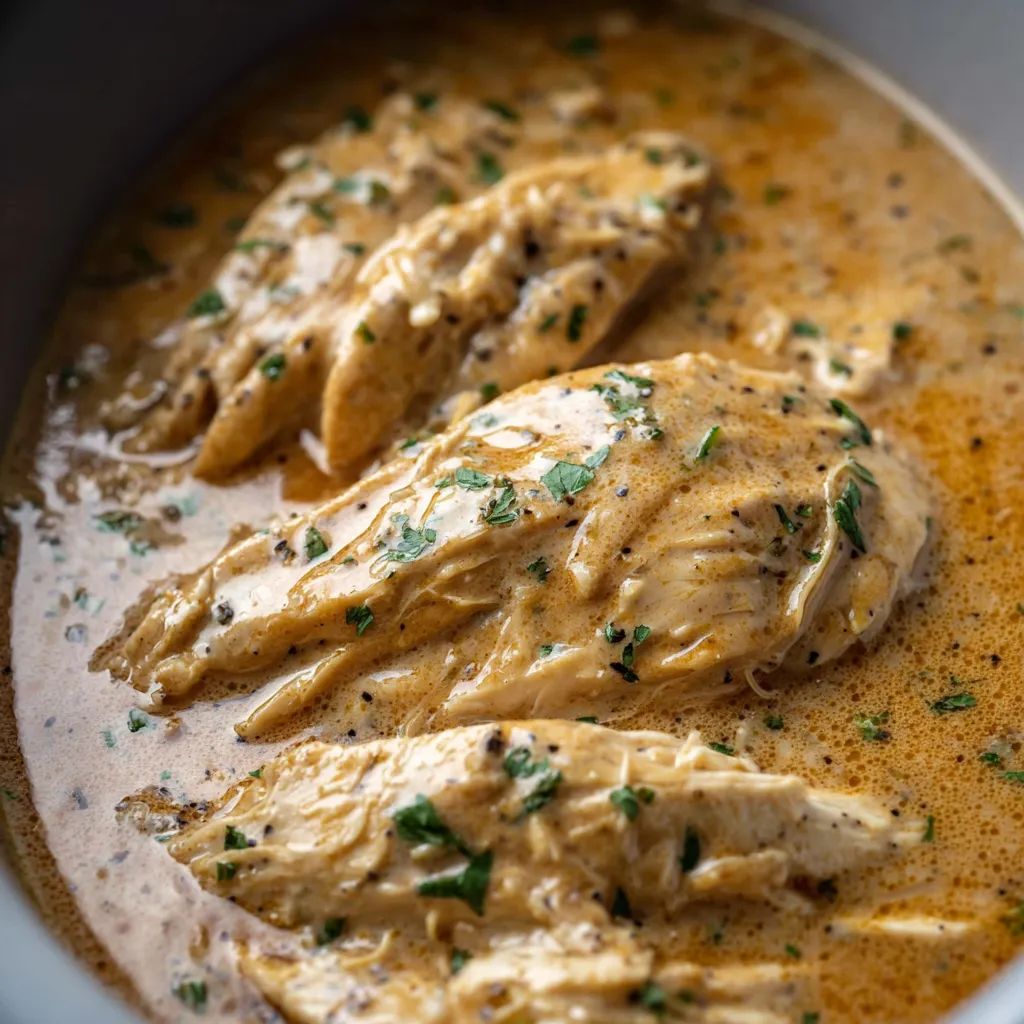 Easy slow cooker creamy chicken and gravy is pictured in a second content image, highlighting its delicious and comforting appearance.