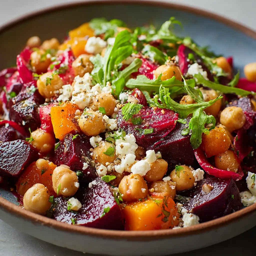 Close-up of the vibrant Zesty Easy Chickpea, Beet & Feta Salad showcasing its colorful ingredients.
