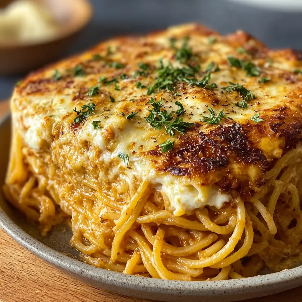 Creamy baked cream cheese spaghetti casserole is shown ready to eat as a comforting and delicious family meal.