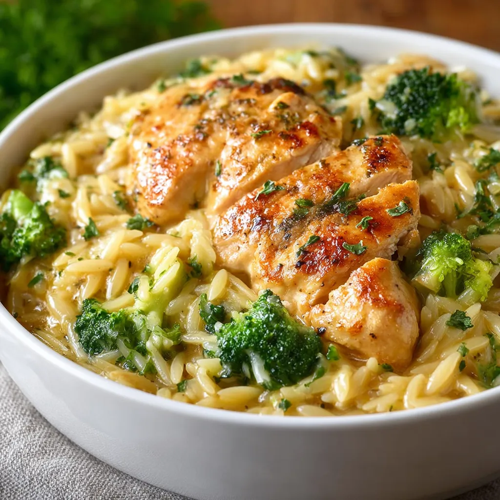 Flavorful chicken and broccoli orzo is shown in a bowl, representing a quick and easy dinner recipe.