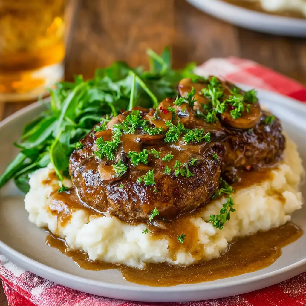 Easy Salisbury steak recipe featured image shows a close-up of browned oval-shaped patties smothered in rich gravy with sauteed mushrooms and onions.