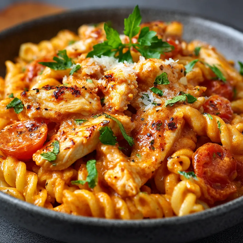 Easy Tomato and Chicken Pasta Delight features a vibrant dish of perfectly cooked pasta tossed with juicy chicken and a rich tomato sauce, making it a quick and delicious meal.