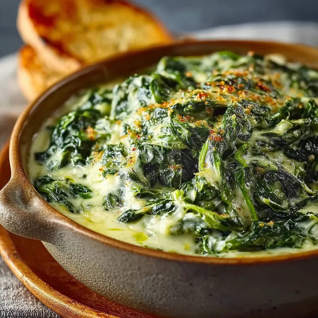Easy cheesy creamed spinach recipe featured image shows a close-up of the creamy spinach in a white bowl, garnished with a sprinkle of cheese and a spoon, ready to be served.