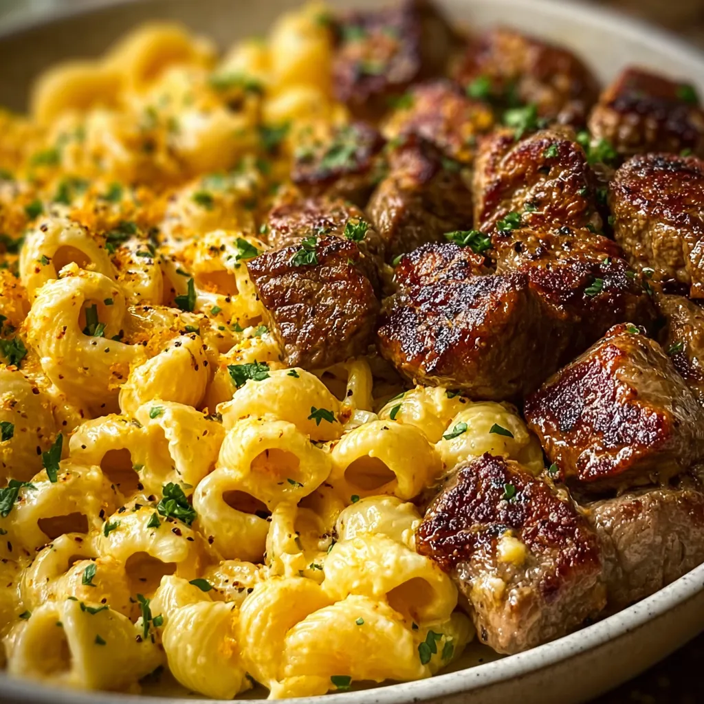 Delicious garlic butter steak bites and creamy loaded cheddar shells are showcased in this mouthwatering featured image.
