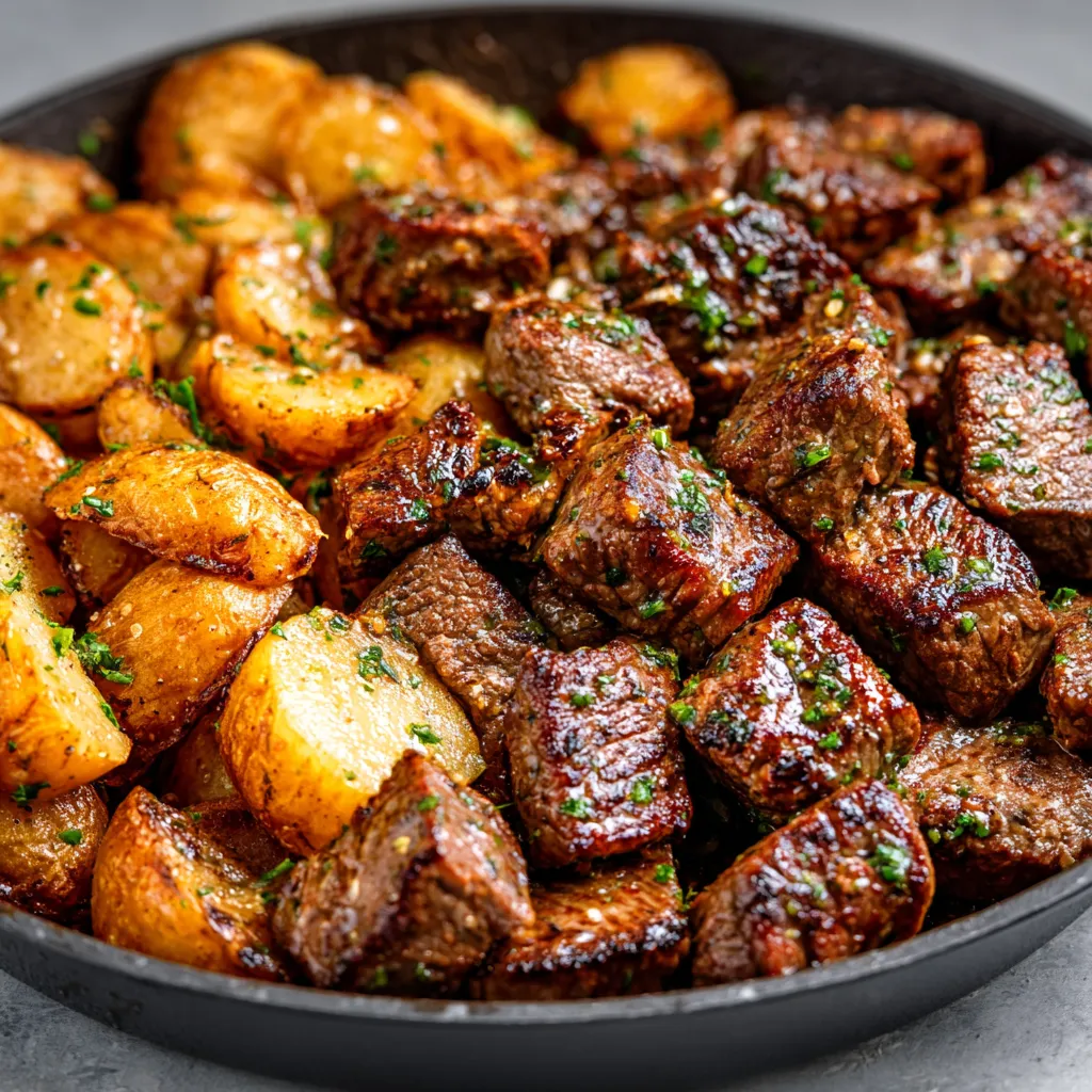Garlic butter steak bites and potatoes, cooked to perfection and looking incredibly delicious, are the star of this OMG Good! recipe.