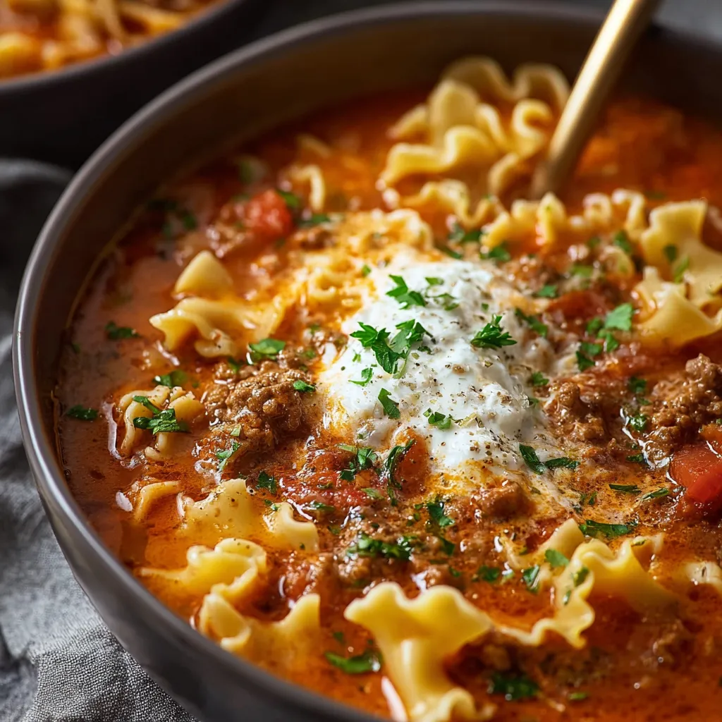Easy lasagna soup is shown in a bowl with visible layers of pasta, sauce, and cheese, highlighting the dish's comforting and recognizable flavors.