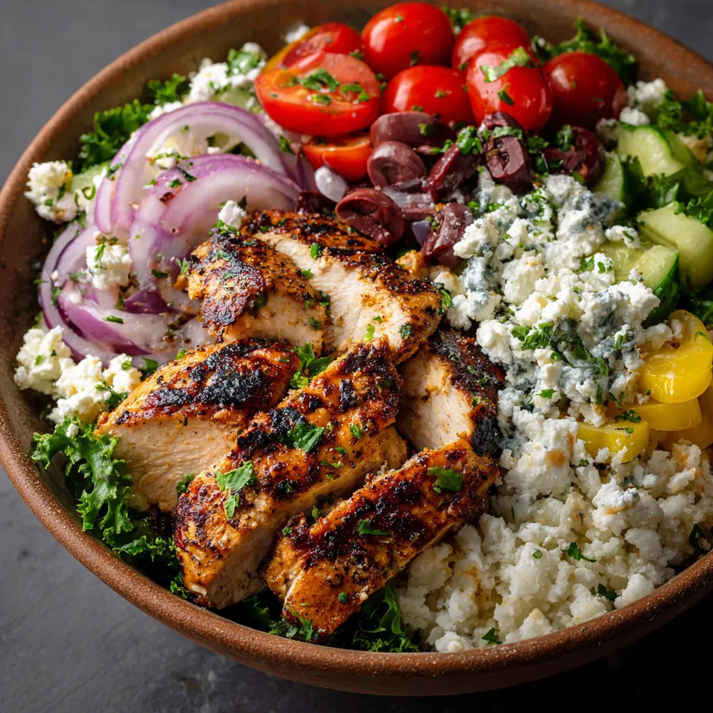 Easy Mediterranean chicken bowls dinner ready features grilled chicken, fresh vegetables, and a creamy sauce served in a bowl.