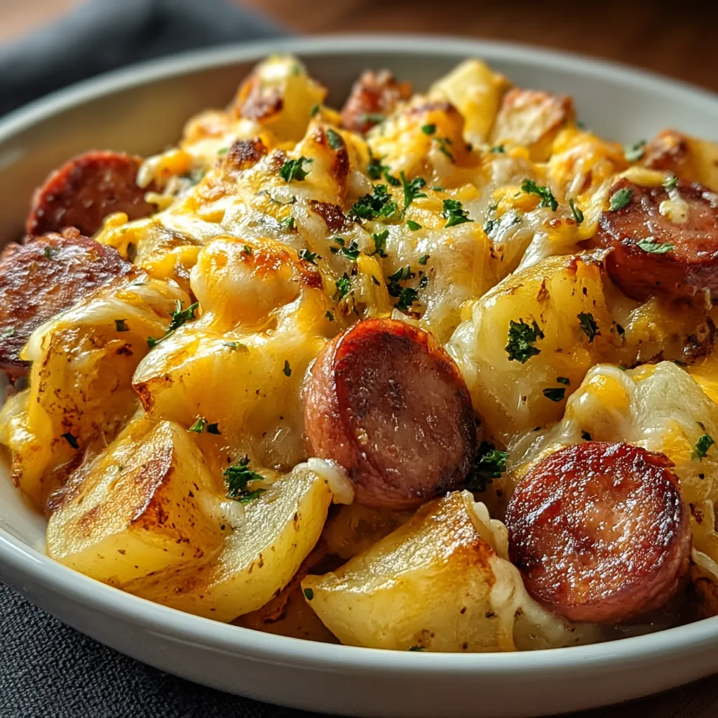 Cheesy ranch potatoes and smoked sausage are featured in this delicious and easy recipe.