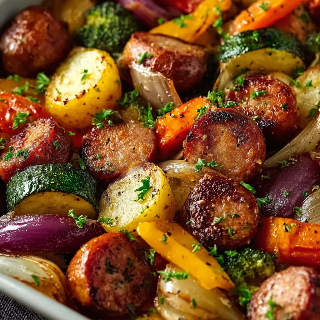 Sheet pan sausage and veggies are shown as a quick and easy family dinner idea.