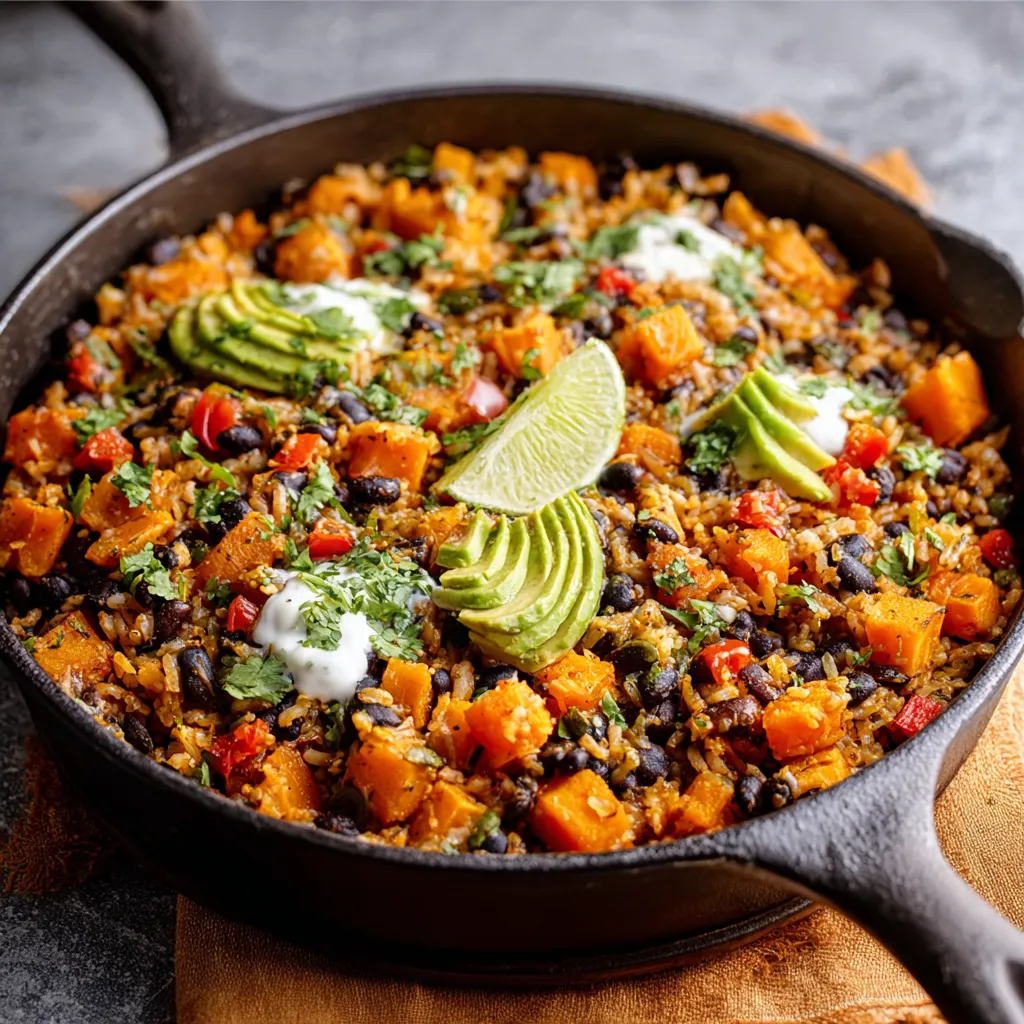 Southwest sweet potato, black bean, and rice skillet image showcasing a vibrant and easy one-pan meal perfect for a weeknight dinner.