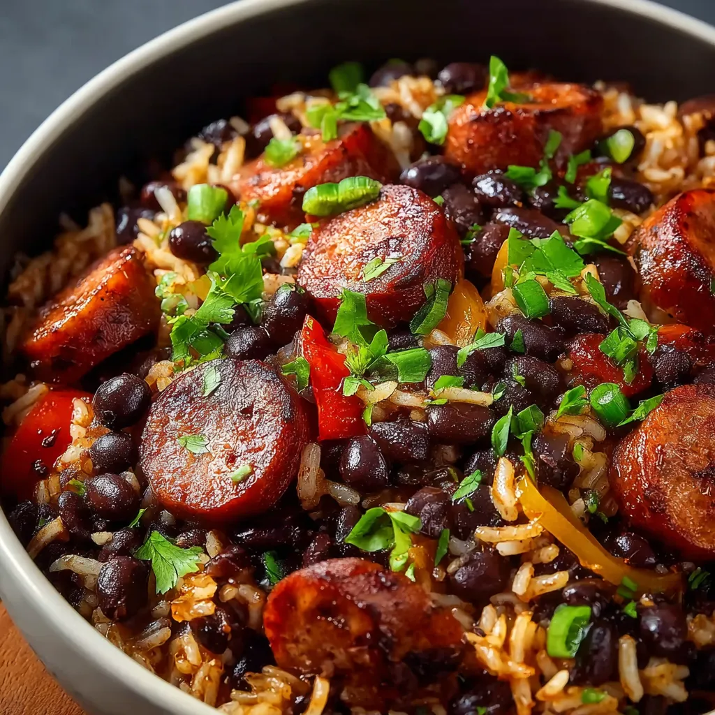 A flavorful dish of spicy black beans and rice with sausage is shown, perfect for a hearty and satisfying meal.