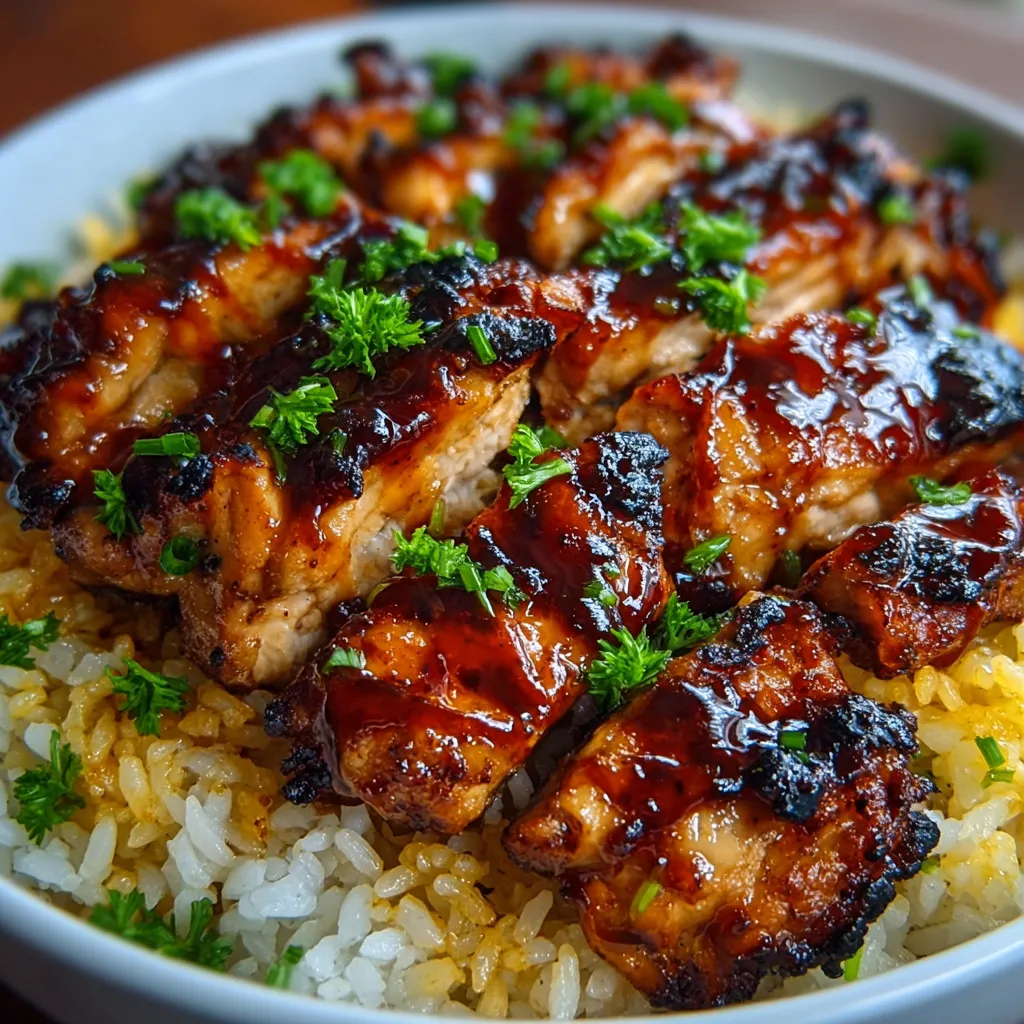 Easy honey BBQ chicken rice features juicy chicken pieces glazed in a sweet and smoky sauce served over fluffy white rice, making for a delicious and simple weeknight meal.