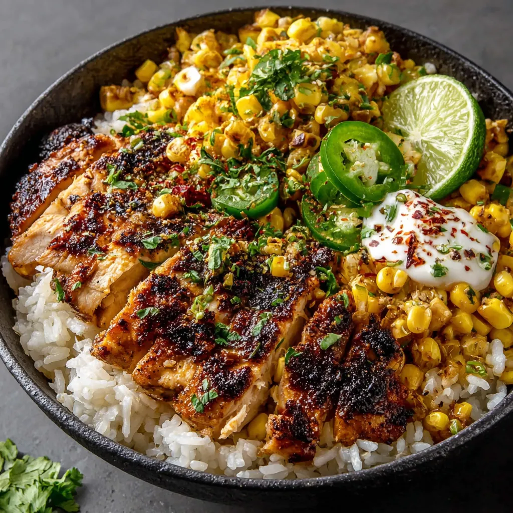 Easy Street Corn Chicken Rice Bowl features grilled chicken, charred corn, rice, and toppings, perfect for a quick and delicious dinner.