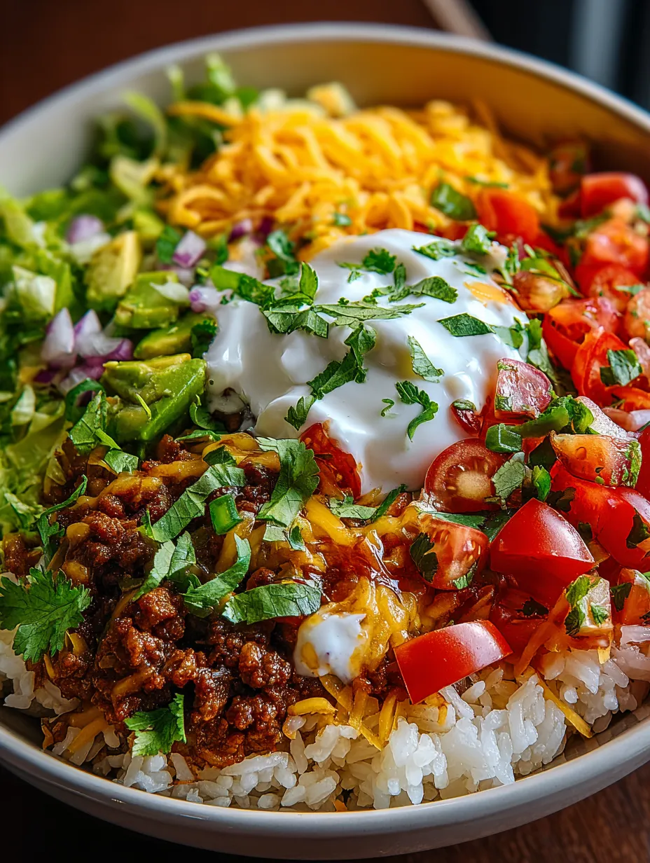 A vibrant and delicious taco rice bowl with seasoned ground beef, rice, and colorful toppings offers a quick and healthy dinner idea.