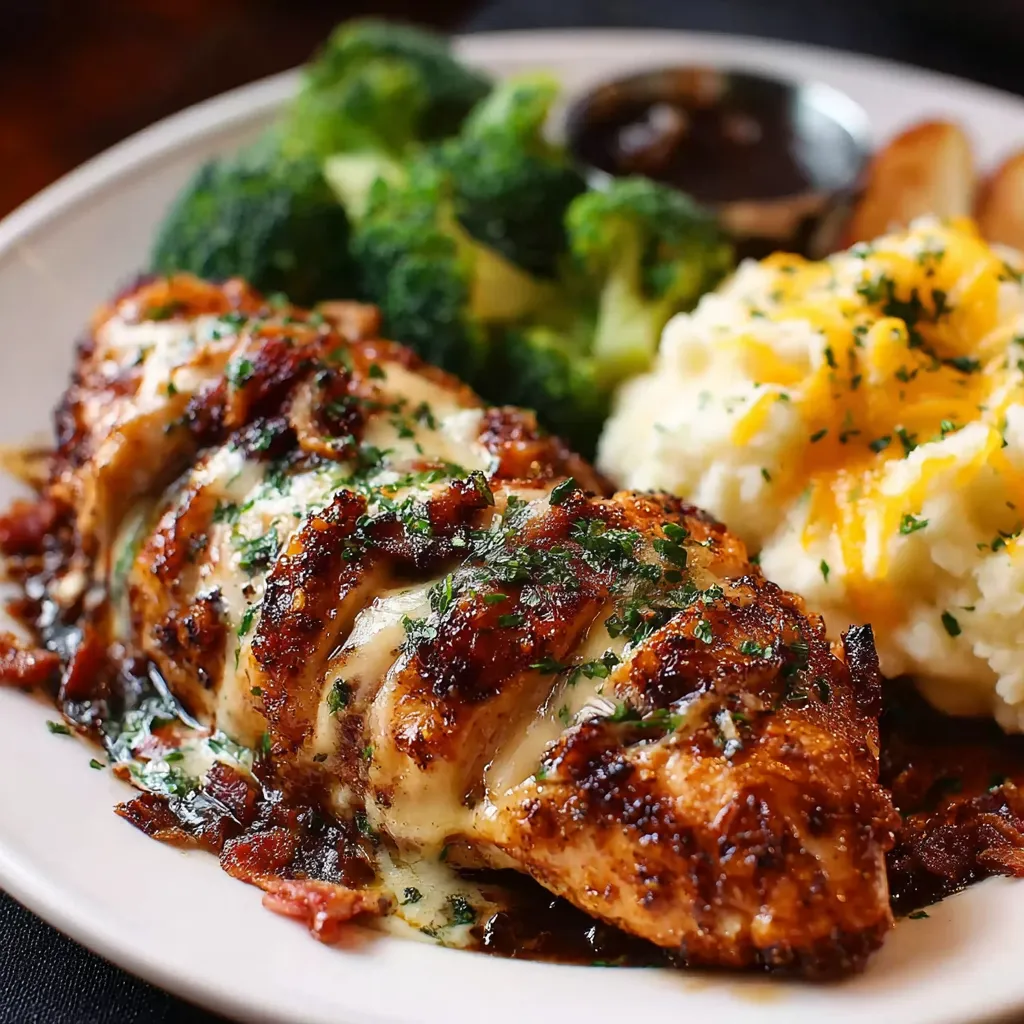 A close-up view of delicious Alice Springs Chicken, showcasing its bacon, mushrooms, cheese, and honey mustard topping.