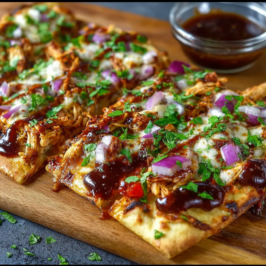 Close-up view of a delicious BBQ Chicken Flatbread, showcasing the toppings and baked crust.