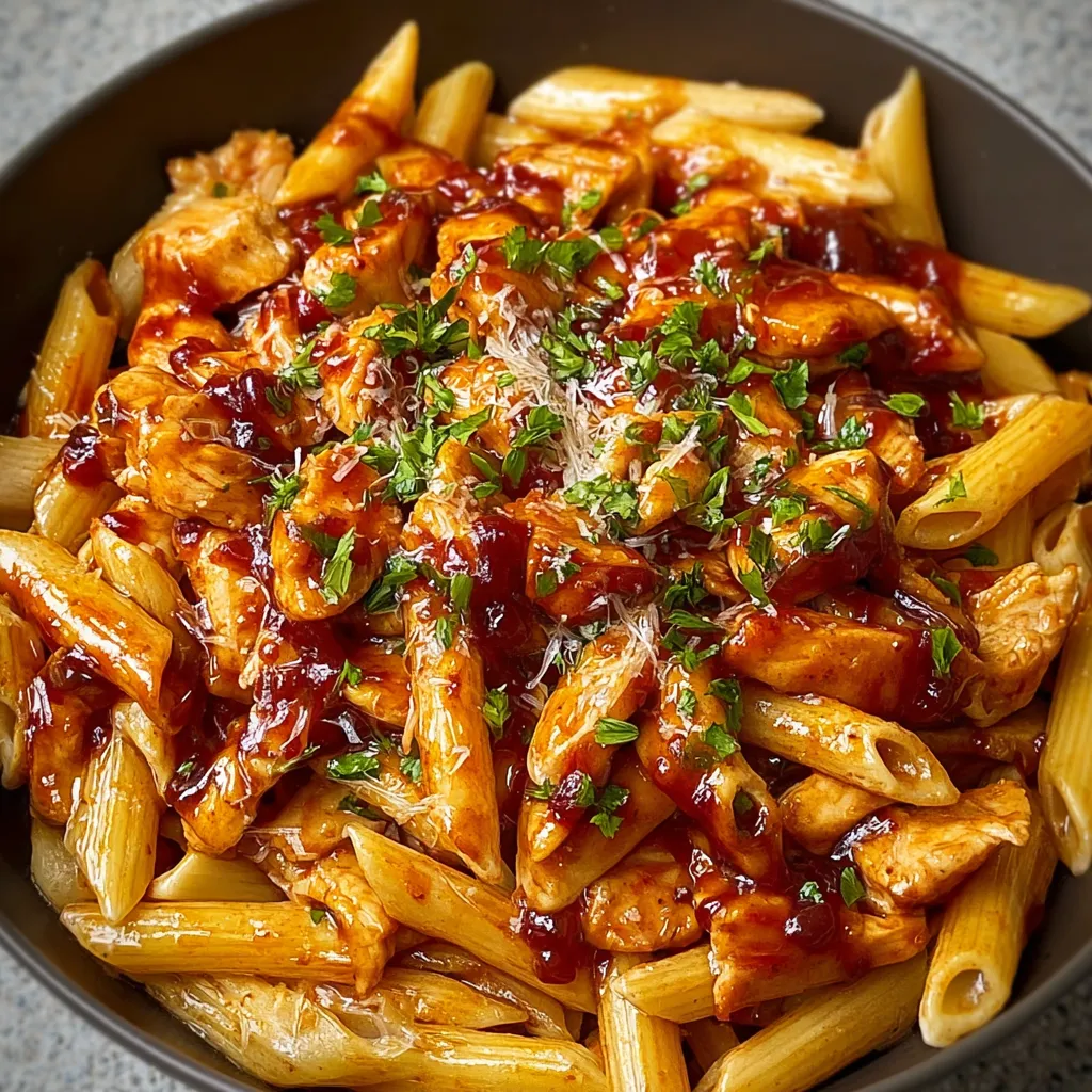 Close-up shot showcasing the delicious BBQ Chicken Penne with visible penne pasta, chicken pieces, and barbecue sauce.