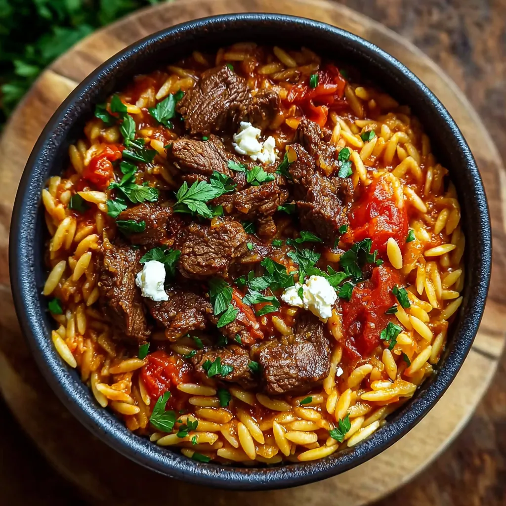 A close-up shot showcases the delicious Beef Giouvetsi, a traditional Greek baked pasta dish with tender beef.