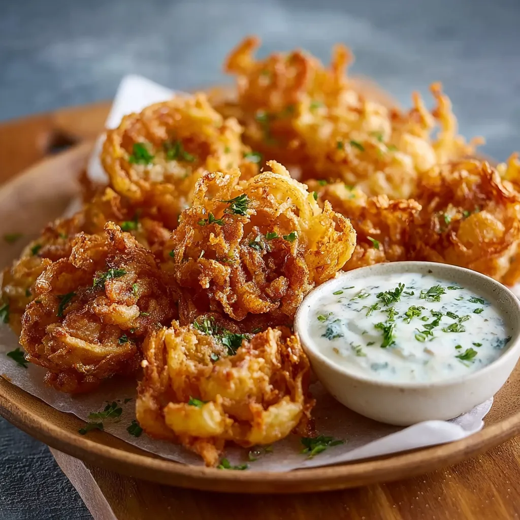 A close-up shot showcasing the crispy, golden layers of freshly prepared Blooming Onions.