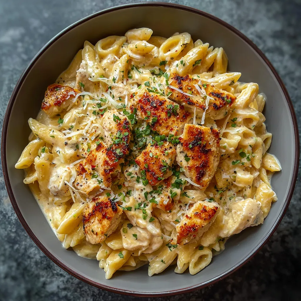 Close-up shot of creamy Boursin Chicken Pasta, showcasing the delicious texture and ingredients.