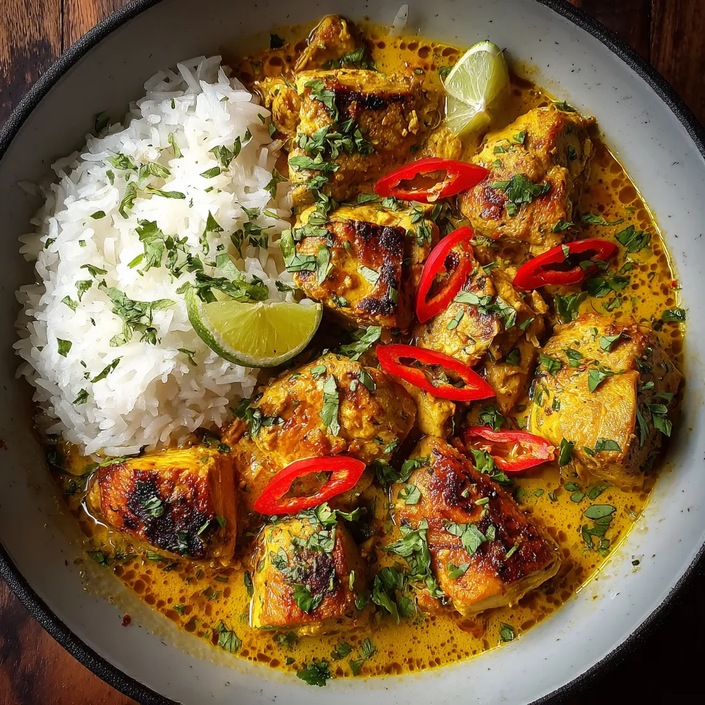 Close-up of delicious Brazilian Coconut Chicken, showcasing its creamy sauce and tender chicken pieces.