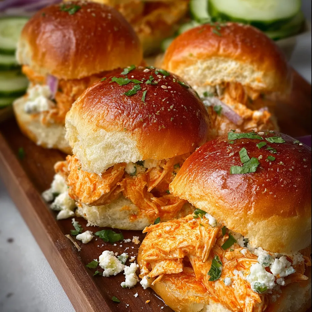 Close-up of delicious Buffalo Chicken Sliders stacked high, showcasing the creamy sauce and juicy chicken.